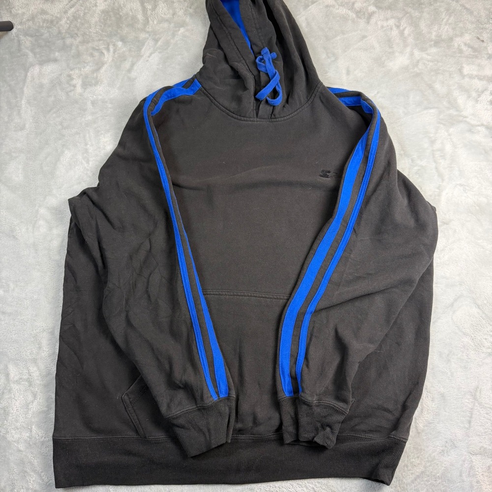 Vintage STARTER Mens XL Black Blue Stripe Fleece Pullover Hoodie Y2K 19214